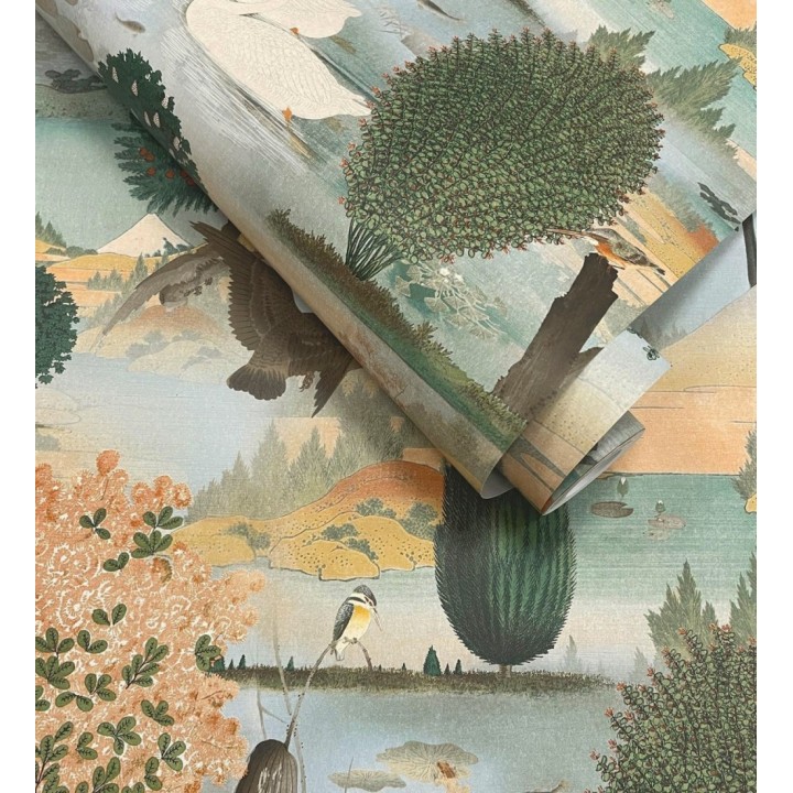 Papel pintado escénico de naturaleza con pájaros y arboles junto a un lago - Bosco Breeze 682682