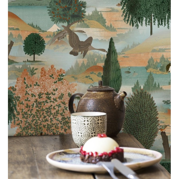 Papel pintado escénico de naturaleza con pájaros y arboles junto a un lago - Bosco Breeze 682682