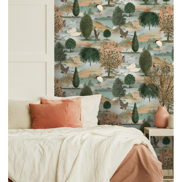 Papel pintado escénico de naturaleza con pájaros y arboles junto a un lago - Bosco Breeze 682682