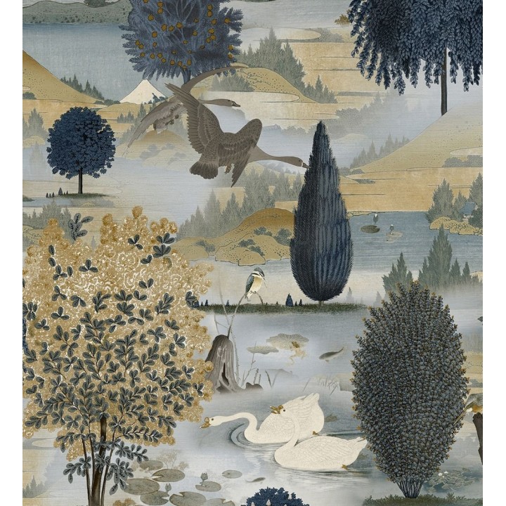 Papel pintado escénico de naturaleza con pájaros y arboles junto a un lago - Bosco Breeze 682683
