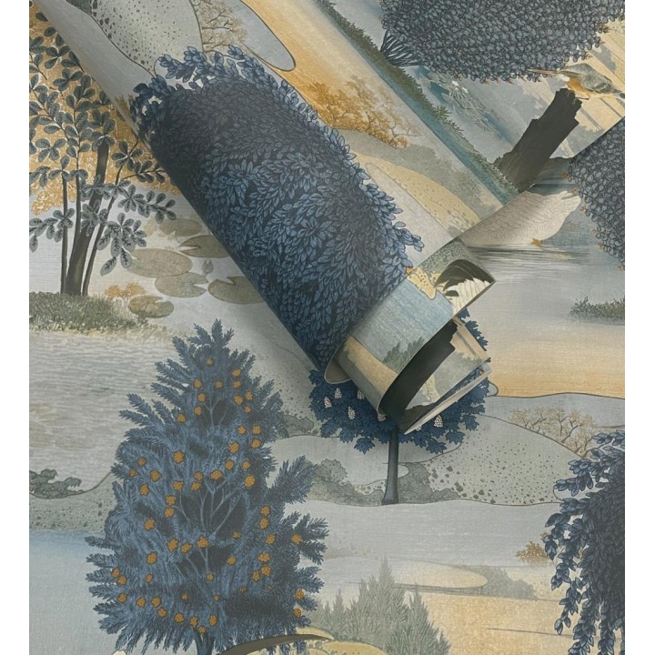 Papel pintado escénico de naturaleza con pájaros y arboles junto a un lago - Bosco Breeze 682683