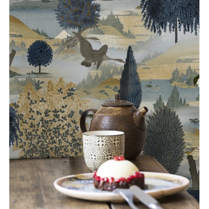 Papel pintado escénico de naturaleza con pájaros y arboles junto a un lago - Bosco Breeze 682683