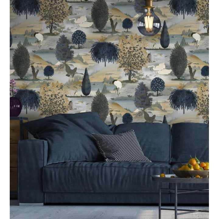 Papel pintado escénico de naturaleza con pájaros y arboles junto a un lago - Bosco Breeze 682683