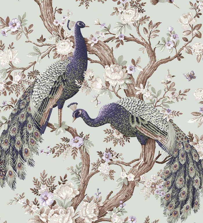 Papel pintado de pavos reales sobre ramas fondo verde claro - Avian Paradise 682687