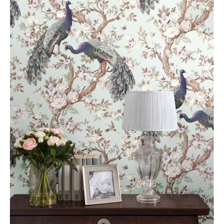 Papel pintado de pavos reales sobre ramas fondo verde claro - Avian Paradise 682687