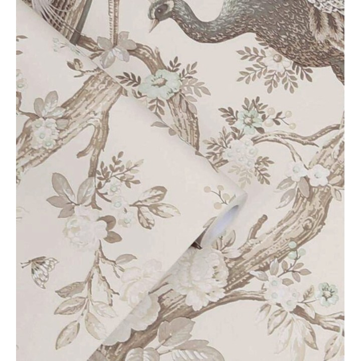 Papel pintado de pavos reales sobre ramas fondo gris rosáceo - Avian Paradise 682688