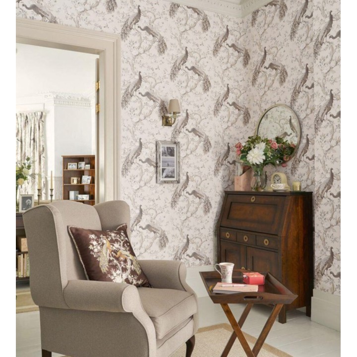 Papel pintado de pavos reales sobre ramas fondo gris rosáceo - Avian Paradise 682688