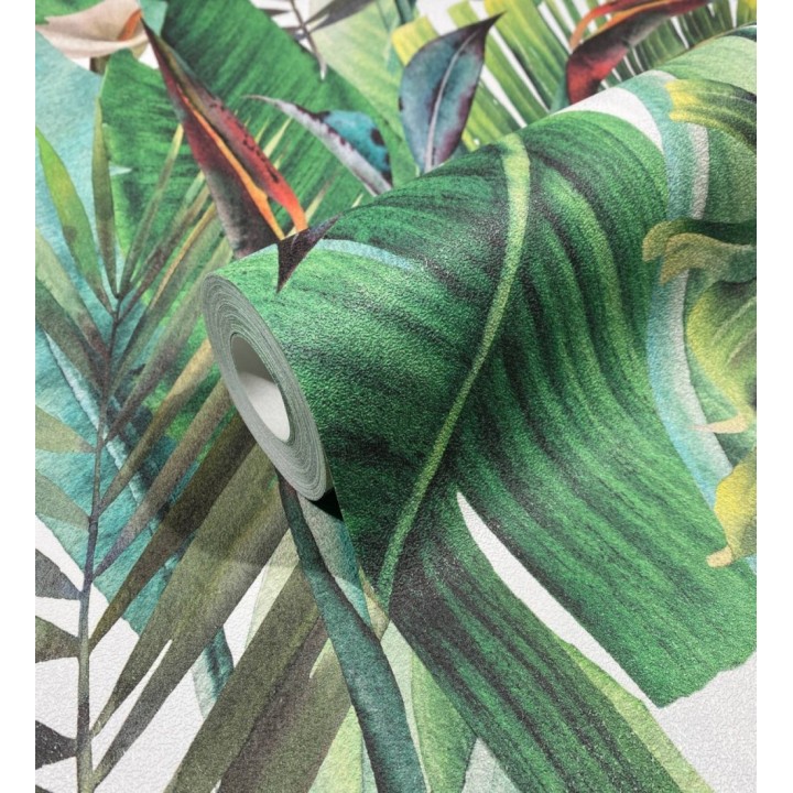 Papel pintado de hojas tropicales y flores blancas de lirio de agua - Tropic Eden 682690