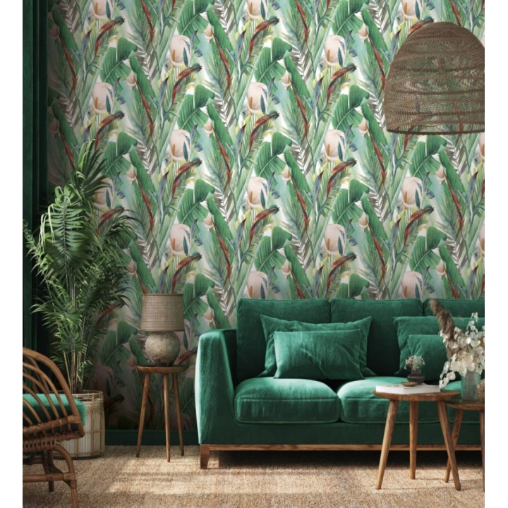 Papel pintado de hojas tropicales y flores blancas de lirio de agua - Tropic Eden 682690