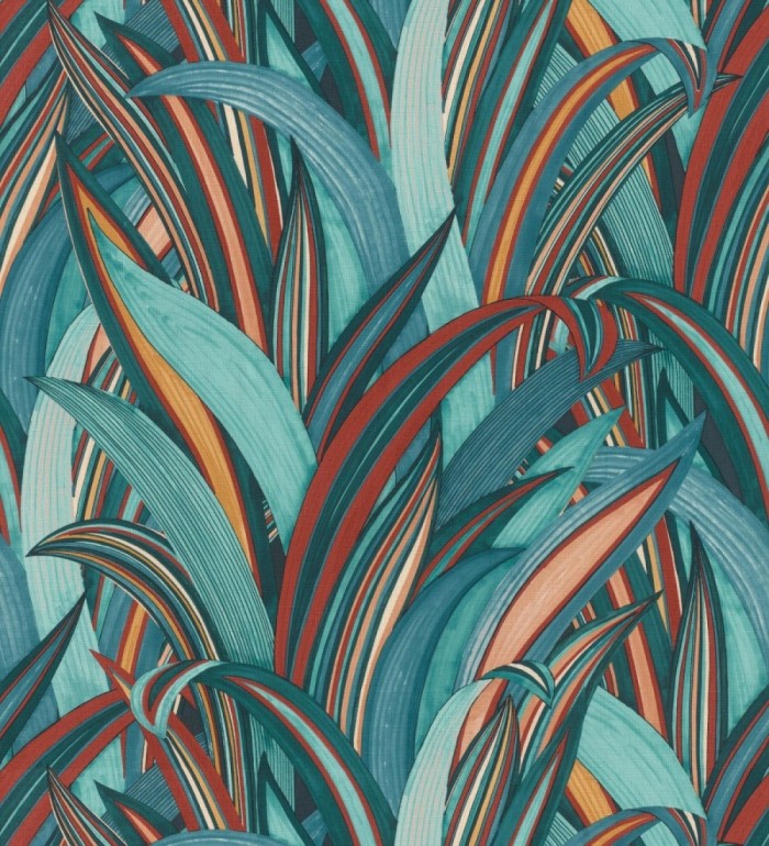 Papel pintado de hojas tropicales con estilo japonés turquesa y rojo - Nagai Ha 682724