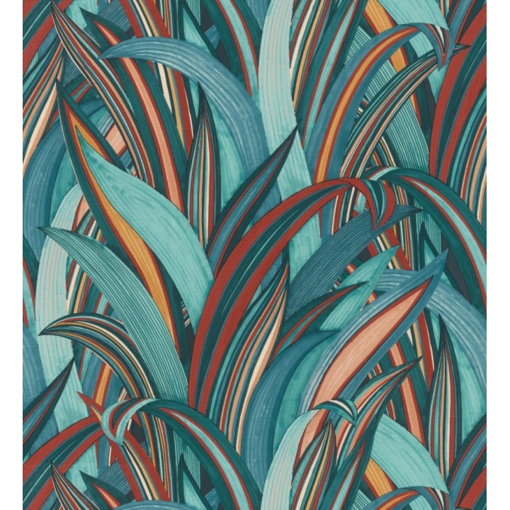 Papel pintado de hojas tropicales con estilo japonés turquesa y rojo - Nagai Ha 682724