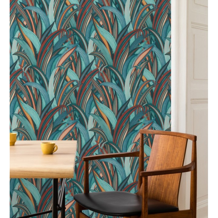 Papel pintado de hojas tropicales con estilo japonés turquesa y rojo - Nagai Ha 682724