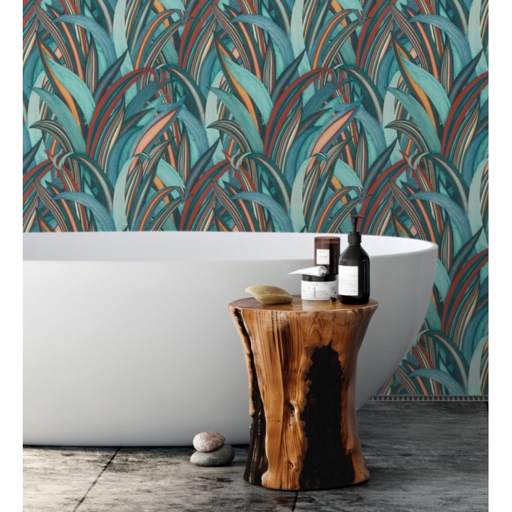 Papel pintado de hojas tropicales con estilo japonés turquesa y rojo - Nagai Ha 682724