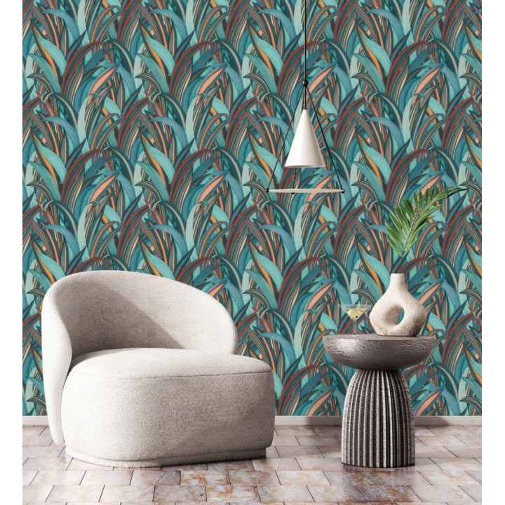 Papel pintado de hojas tropicales con estilo japonés turquesa y rojo - Nagai Ha 682724