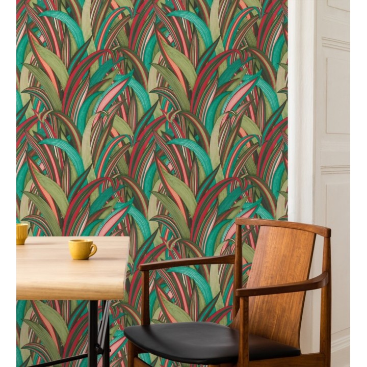 Papel pintado de hojas tropicales con estilo japonés turquesa y verde - Nagai Ha 682725