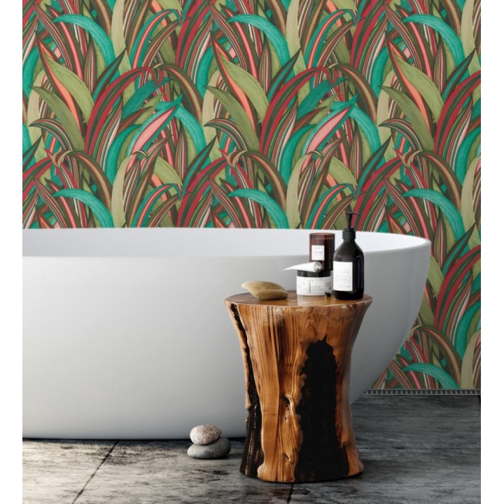 Papel pintado de hojas tropicales con estilo japonés turquesa y verde - Nagai Ha 682725