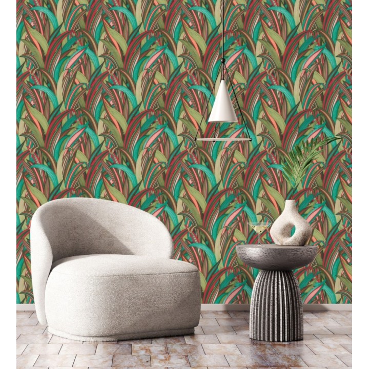 Papel pintado de hojas tropicales con estilo japonés turquesa y verde - Nagai Ha 682725