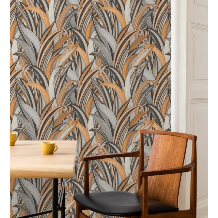 Papel pintado de hojas tropicales con estilo japonés gris y marrón - Nagai Ha 682726