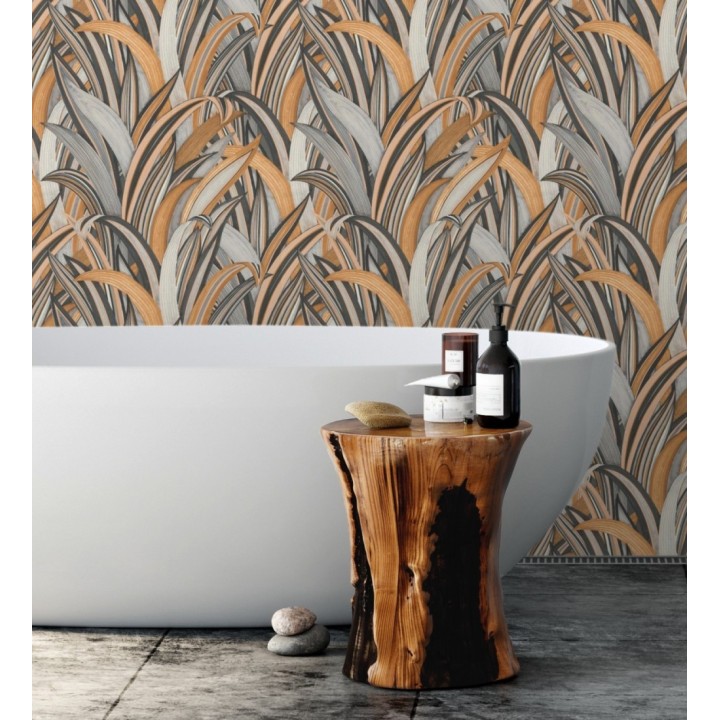 Papel pintado de hojas tropicales con estilo japonés gris y marrón - Nagai Ha 682726