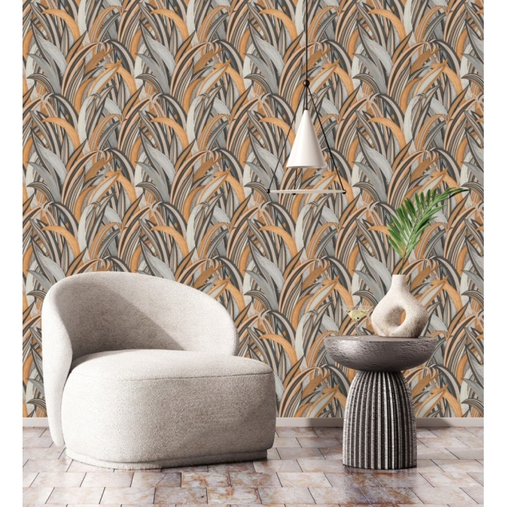 Papel pintado de hojas tropicales con estilo japonés gris y marrón - Nagai Ha 682726