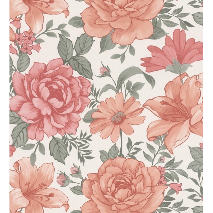 Papel pintado floral romántico con rosas y flores en tonos de coral suave - Coral Petals 682733