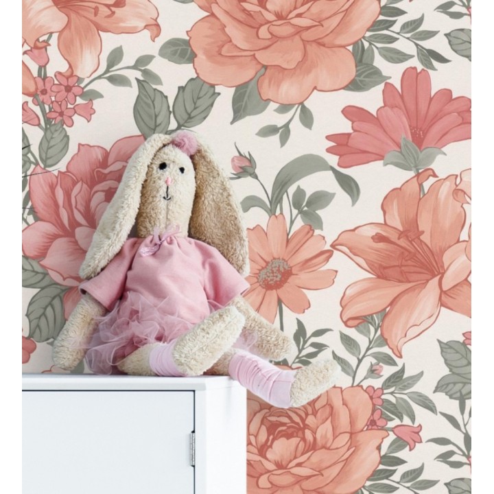 Papel pintado floral romántico con rosas y flores en tonos de coral suave - Coral Petals 682733