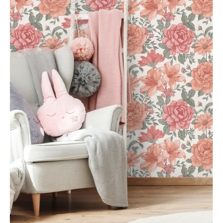 Papel pintado floral romántico con rosas y flores en tonos de coral suave - Coral Petals 682733