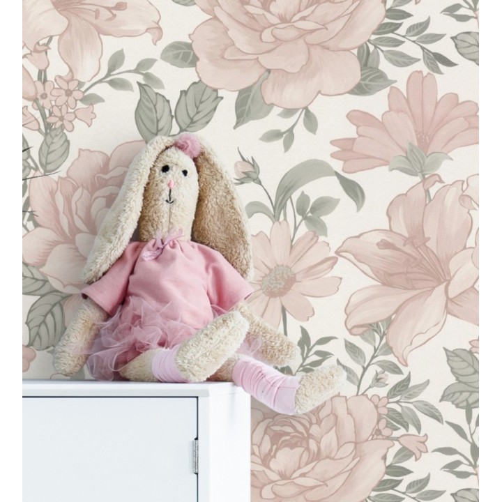 Papel pintado florar romántico con rosas y flores en tono rosa claro - Coral Petals 682734
