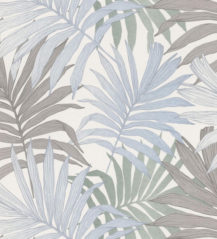 Papel pintado infantil de hojas de la selva tropical africana color gris y celeste - Tawa 682737