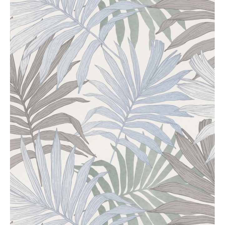 Papel pintado infantil de hojas de la selva tropical africana color gris y celeste - Tawa 682737