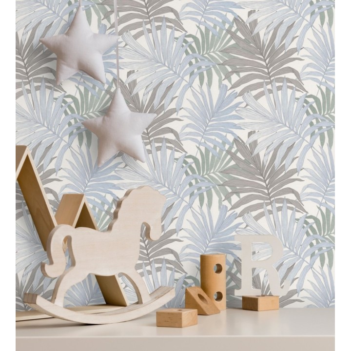 Papel pintado infantil de hojas de la selva tropical africana color gris y celeste - Tawa 682737