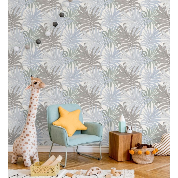 Papel pintado infantil de hojas de la selva tropical africana color gris y celeste - Tawa 682737