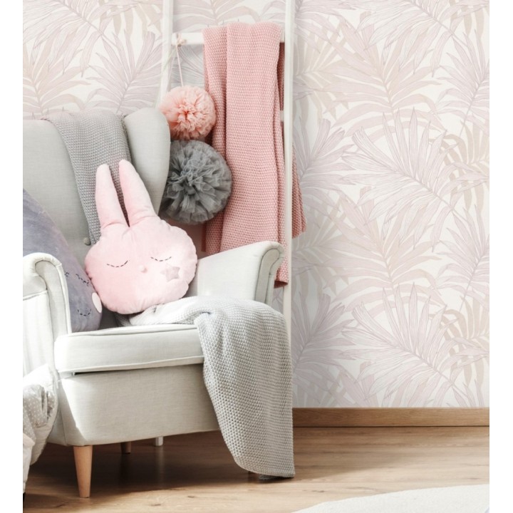 Papel pintado infantil de hojas de la selva tropical africana color rosa y beige pastel - Tawa 682739