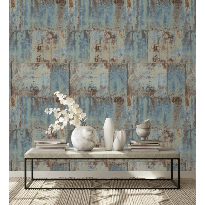 Papel pintado efecto chapa oxidada en bloques - Borg Metal 682767