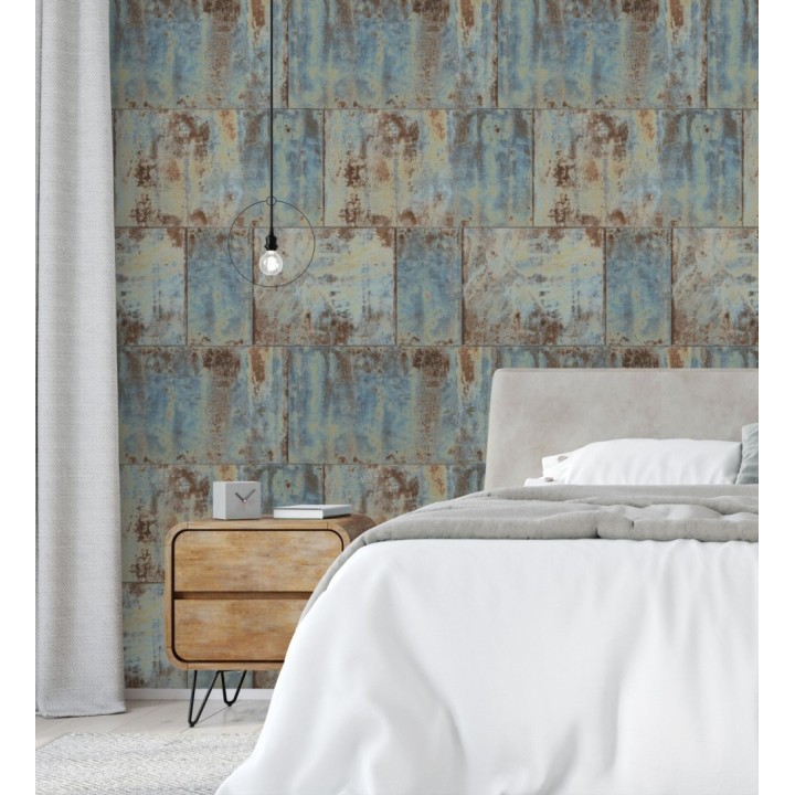 Papel pintado efecto chapa oxidada en bloques - Borg Metal 682767
