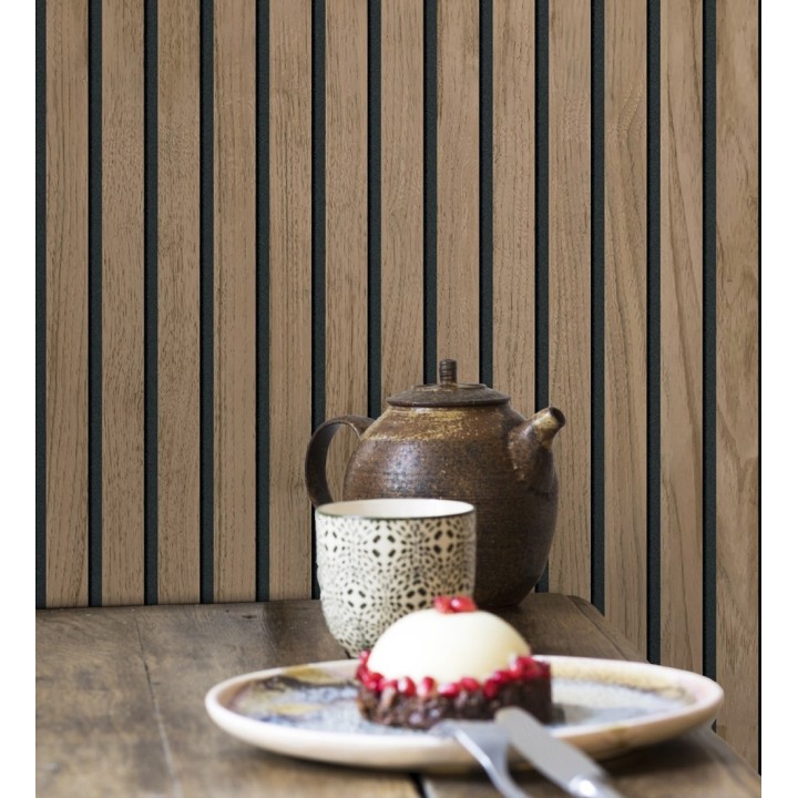 Papel pintado de listones de madera natural imitando a panel de palillería decorativo - Oak Orbit 682814