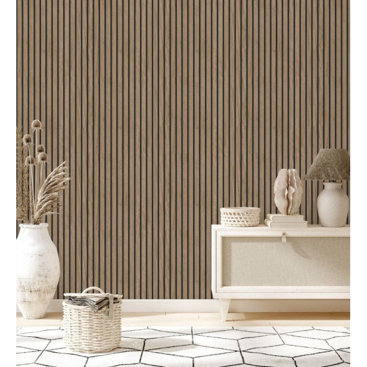 Papel pintado de listones de madera natural imitando a panel de palillería decorativo - Oak Orbit 682814