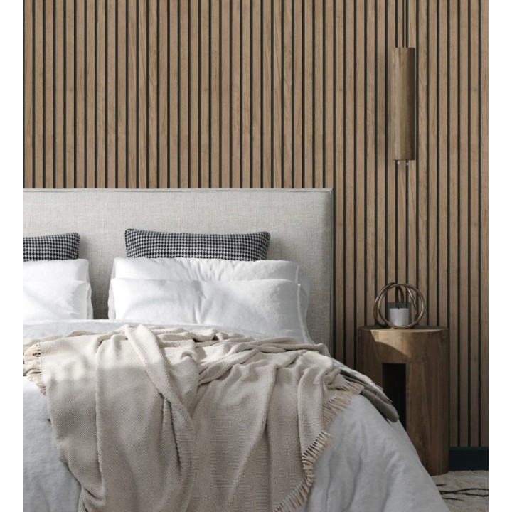 Papel pintado de listones de madera natural imitando a panel de palillería decorativo - Oak Orbit 682814