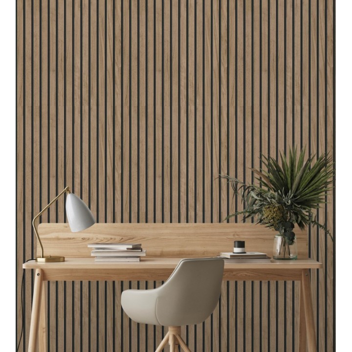 Papel pintado de listones de madera natural imitando a panel de palillería decorativo - Oak Orbit 682814
