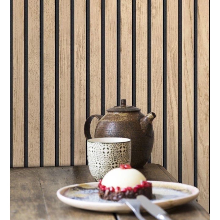 Papel pintado de listones de madera natural imitando a panel de palillería decorativo - Oak Orbit 682815