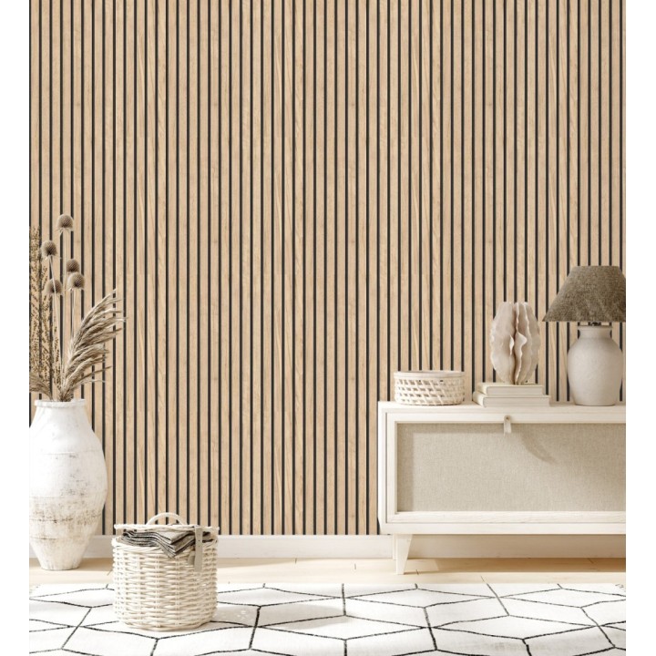 Papel pintado de listones de madera natural imitando a panel de palillería decorativo - Oak Orbit 682815