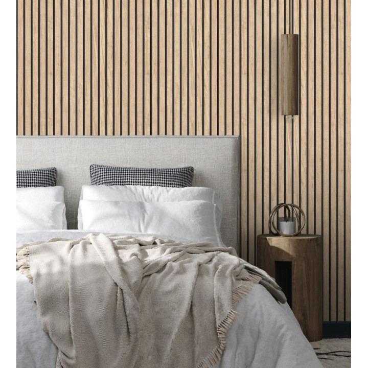 Papel pintado de listones de madera natural imitando a panel de palillería decorativo - Oak Orbit 682815