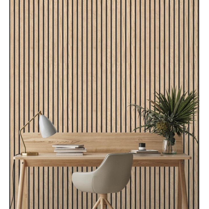 Papel pintado de listones de madera natural imitando a panel de palillería decorativo - Oak Orbit 682815