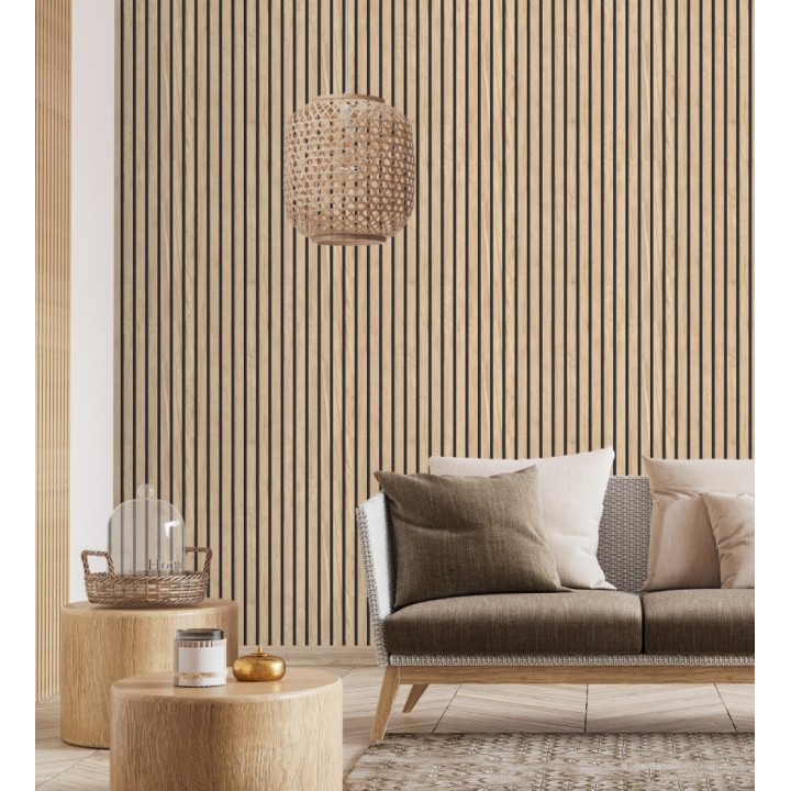 Papel pintado de listones de madera natural imitando a panel de palillería decorativo - Oak Orbit 682815