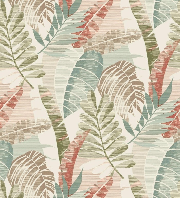 Papel pintado de hojas tropicales tonos verdes terracota claro y marfil - Jungle Jacquard 682819
