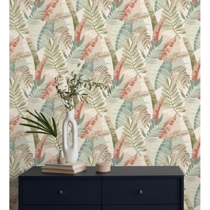 Papel pintado de hojas tropicales tonos verdes terracota claro y marfil - Jungle Jacquard 682819