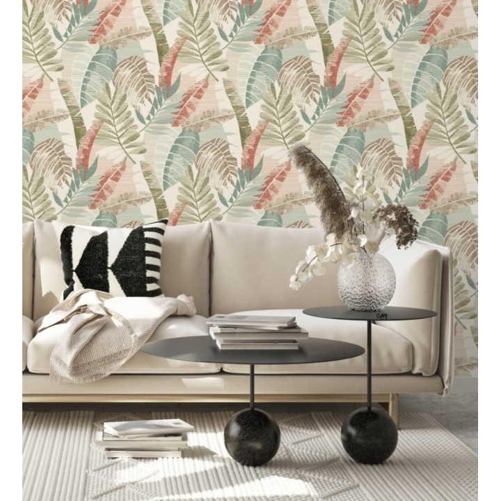 Papel pintado de hojas tropicales tonos verdes terracota claro y marfil - Jungle Jacquard 682819