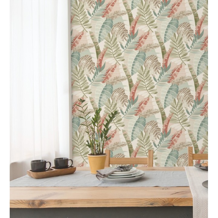 Papel pintado de hojas tropicales tonos verdes terracota claro y marfil - Jungle Jacquard 682819