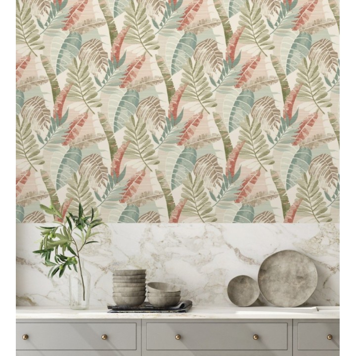 Papel pintado de hojas tropicales tonos verdes terracota claro y marfil - Jungle Jacquard 682819