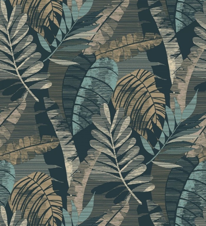 Papel pintado de hojas tropicales de colores metalizados y fondo azul petróleo - Jungle Jacquard 682820